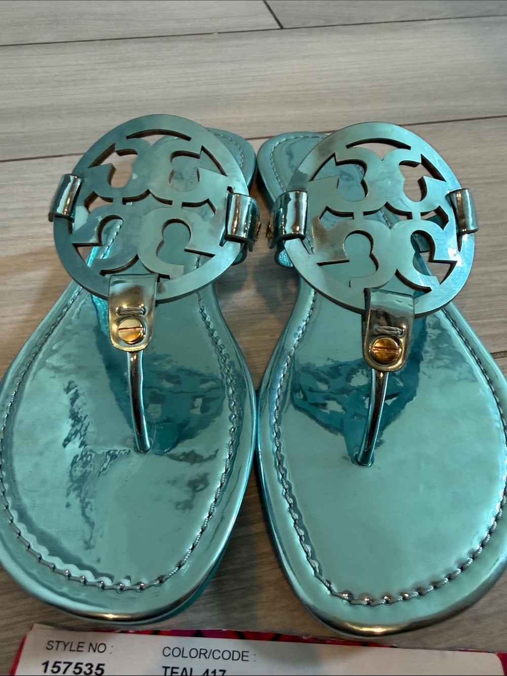 Tory Burch Miller Mirrored Metallic Sandal- Teal Color